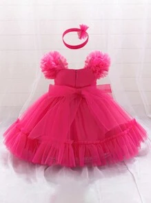 1pc Baby Girls Ruffle Tulle Bow Cute 1st Birthday Party Dress, Suitable For Flower Girl Wedding Celebration, Hair Band Included