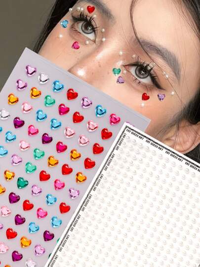 2 viên ngọc trai trắng 3mm phát sáng 3D và đá rhinestone hình trái tim nhỏ nhiều màu, thích hợp để trang trí khóe mắt/móng tay/mặt, phù hợp cho lễ hội âm nhạc, lễ hội hóa trang, ngày Valentine, tiệc Y2K, trang trí hàng ngày, tiệc trang điểm, dạ hội, trang trí tóc/mắt/mặt/cơ thể.