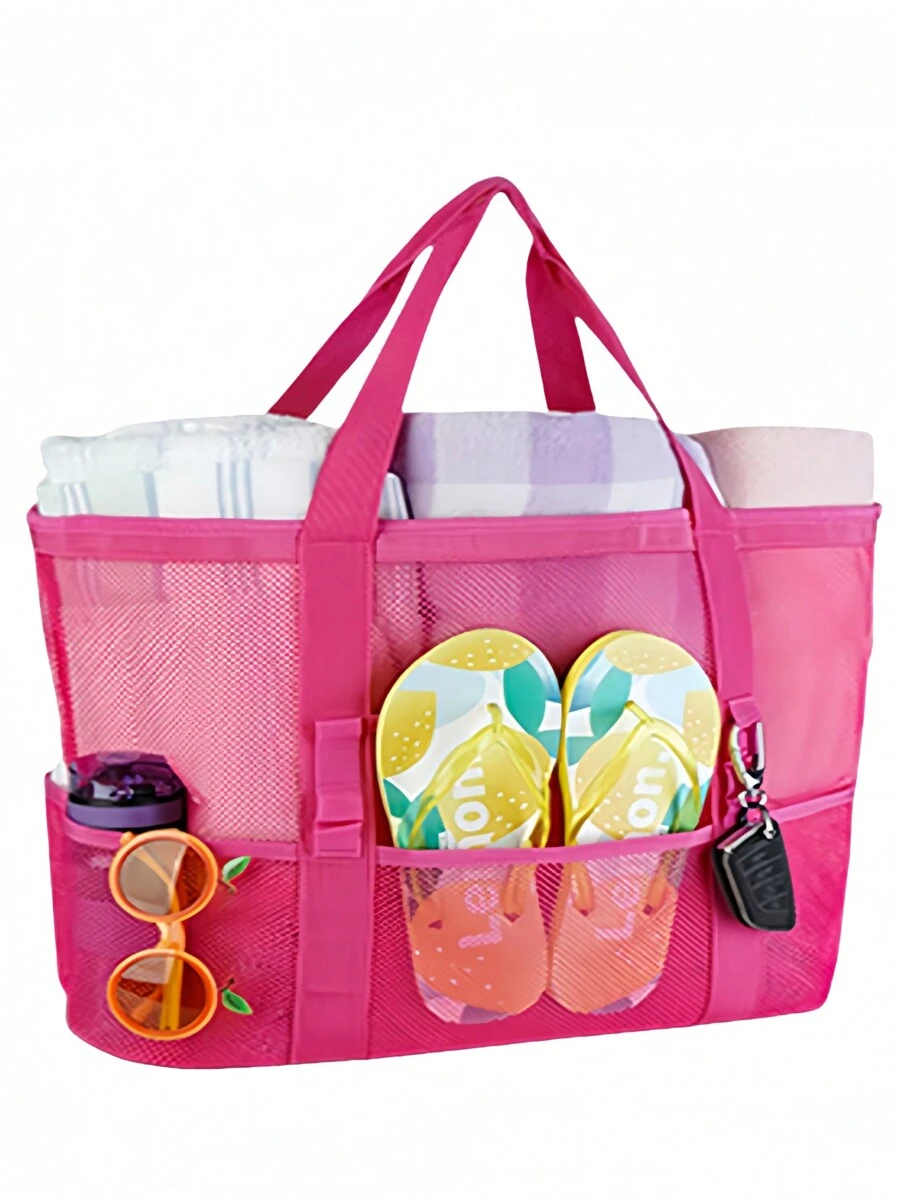 1pc Large Mesh Beach Bag - Anti-Sand Swimming Tote Bag, Extra Large Capacity, Suitable For Family Use, Foldable & Lightweight, With Zipper And Extra Pocket, Can Hold Toys And Beach Vacation Essentials - Multicolor - View 1