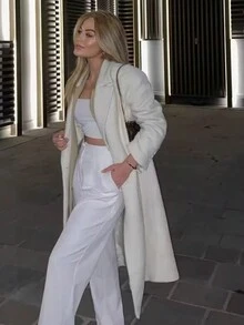 Women's Casual Woollen Cloth Solid Long Coat Spring Autumn Winter Long Jacket Warmth Tops Overcoat - White - View 4