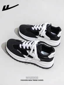 WARRIOR 1 双女式系带设计运动鞋，低帮休闲鞋，户外平底鞋，透气，适合夏季，轻便滑板风格运动鞋，时尚舒适的女士帆布运动鞋，街头风格休闲低帮运动鞋，鞋底柔软 - 黑與白 - 查看 5