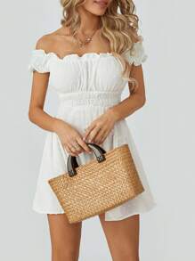 Women Flowy Pirate Dress Fairy Short Sleeve Y2k Off Shoulder Ruffle Corset Mini Dresses - trắng - Xem 7