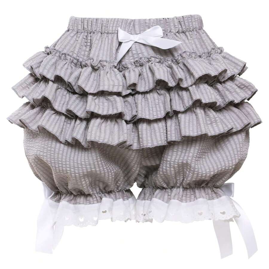 Womens Lolita Bloomers Ruffles Pumpkin Pants Bottom Shorts Lace Trim Layered High Waist Shorts Pettipants - Grey - View 1