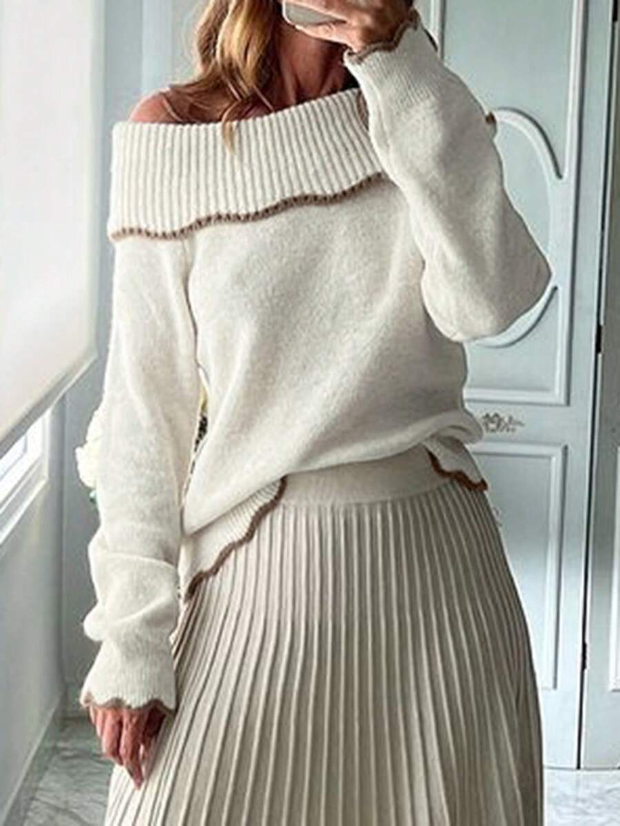 Women's Romantic Attractive Contrast Trim Off Shoulder Sweater - Beige - View 1