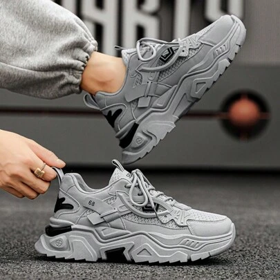 Multi Functional Thick Soled Men's Skateboarding Shoes Sports Shoes, Breathable Mesh Upper And Durable PU/Rubber Sole, Lace Up Casual Sports Shoes With Blue Decoration, Very Suitable For Casual Wear, Versatile Shoe Accessories