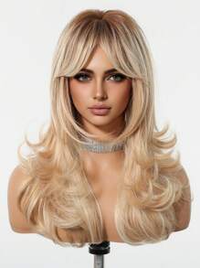 24 Inch Long Wavy Wigs With Bangs Dark Roots Brown Wigs For Women Brown Ombre Hair With Blonde Wigs,Heat-Resistant Synthetic Wigs For Daily Party Cosplay Wigs - Tóc vàng ombre - Xem 4