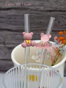 2pcs Twin Bears Glass Straws With 1pc Straw CleaningBrush, 8mm Reusable Straws, Drinking Straw Bent, Gift For Friends, Valentine's Day Gifts - Multicolor - View 11