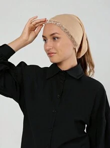 1pc Women Plain Color Rhinestone Decor Straight Cut Muslim Hijab, Elegant & Fashionable, Suitable For Daily Wear, Shopping, Praying - Solid Color Rhinestone Tube Hat - View 7