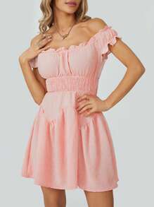 Women Flowy Pirate Dress Fairy Short Sleeve Y2k Off Shoulder Ruffle Corset Mini Dresses - 粉色 - 查看 7