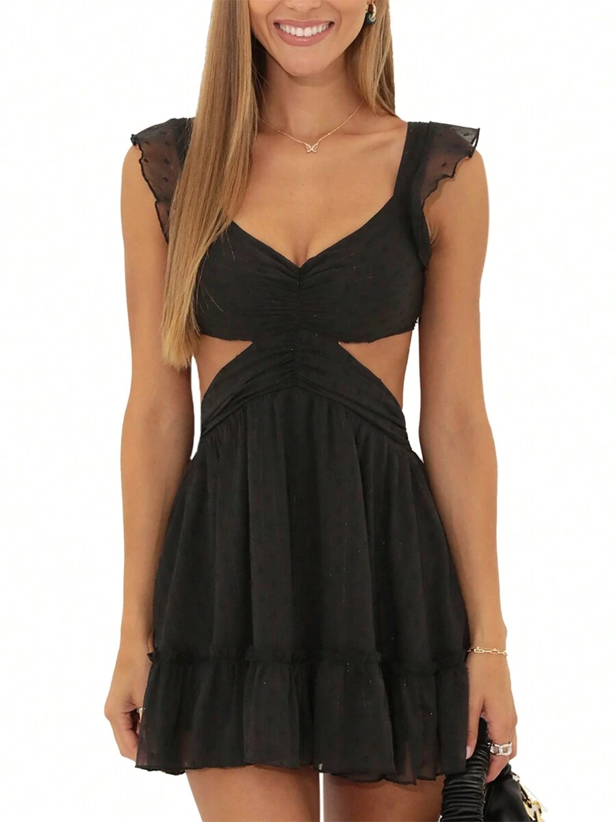 Womens Summer Mini Ruffle Dress Casual Fly Sleeve Sweetheart Neck Swiss ...