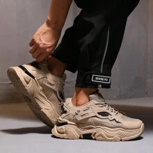 Multi Functional Thick Soled Men's Skateboarding Shoes Sports Shoes, Breathable Mesh Upper And Durable PU/Rubber Sole, Lace Up Casual Sports Shoes With Blue Decoration, Very Suitable For Casual Wear, Versatile Shoe Accessories - 卡其色 - 查看 4