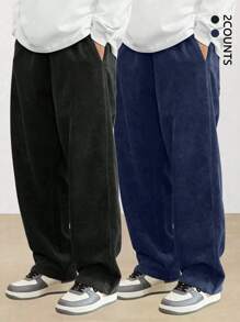 Set de 2 pantalones casuales de pana de pierna recta, pantalones deportivos versátiles y holgados para hombres, para primavera y otoño - Multicolor - Ver 5