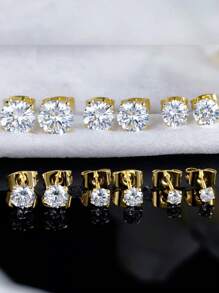 14K Gold Plated Polished Small CZ Pearl Ball Stud Earrings Set For Women Men 20G Stainless Steel Hypoallergenic Piercing Studs For Sensitive Ear, Pack Of 6 Pairs