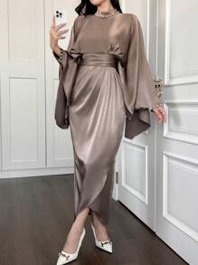 Women's Elegant Satin Bat Shaped Evening Dress, Spring Outfit,Modest