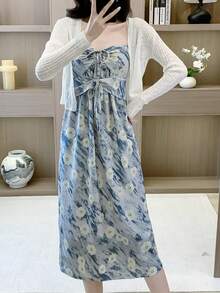 RUIWY 2pcs Spring Women Fashion Elegant Apricot Knitted Sweater & Bowknot Print Blue Dress Set - Blue - View 8