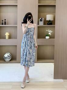 RUIWY 2pcs Spring Women Fashion Elegant Apricot Knitted Sweater & Bowknot Print Blue Dress Set - Blue - View 4