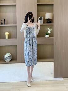 RUIWY 2pcs Spring Women Fashion Elegant Apricot Knitted Sweater & Bowknot Print Blue Dress Set - Blue - View 5