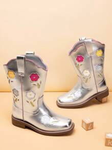 Girls Cowgirl Boots Kids Mid Calf Western Boots Riding Shoes For Toddler/Little Kid/Big Kid - 銀色 - 查看 1