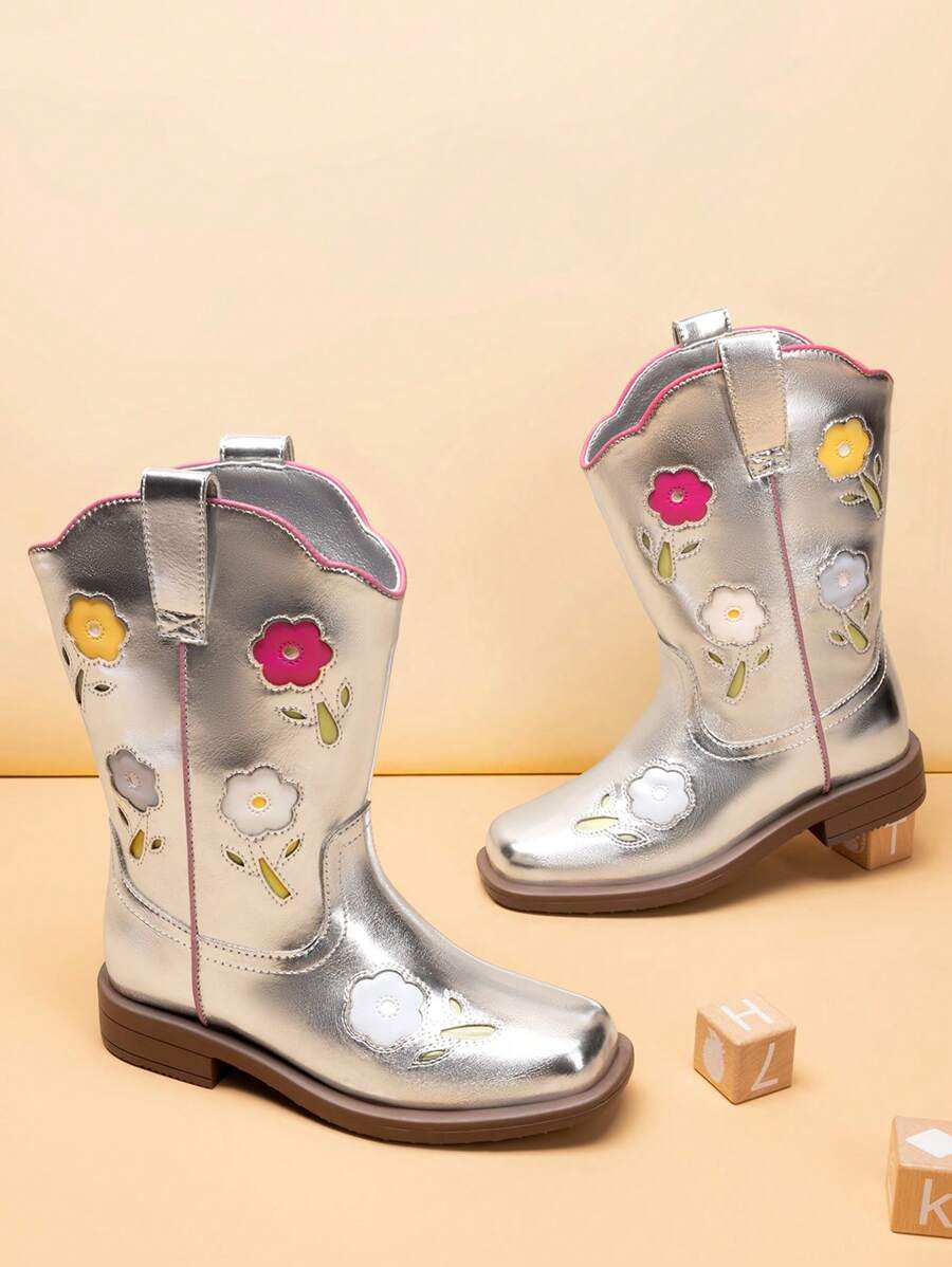 Girls Cowgirl Boots Kids Mid Calf Western Boots Riding Shoes For Toddler/Little Kid/Big Kid - 銀色 - 查看 1