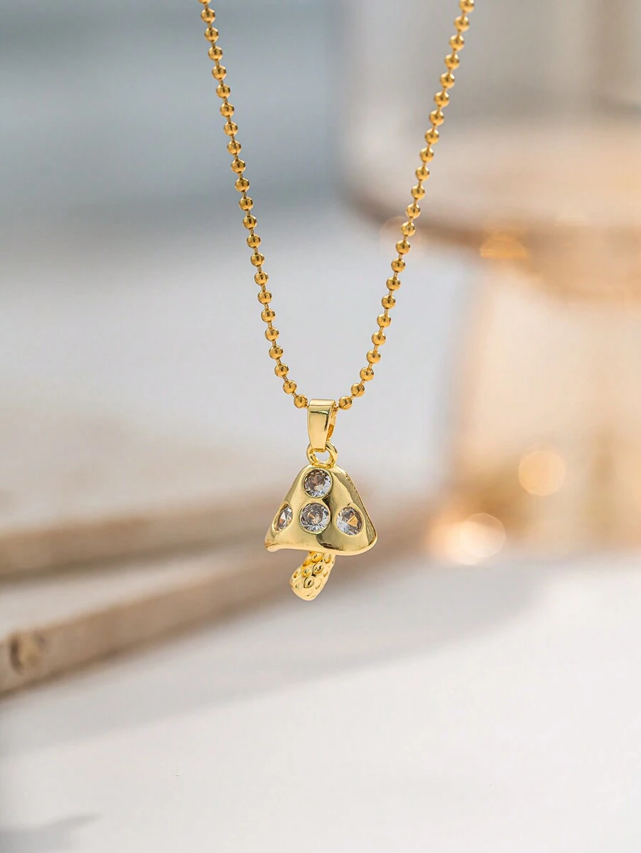 1pc Stainless Steel Gold Mushroom Necklace, Fashionable French Hip-Hop Style Casual Minimalist Versatile, Suitable For Daily Wear, Street, Valentine's Day, Party, Holiday - Mushroom - View 1