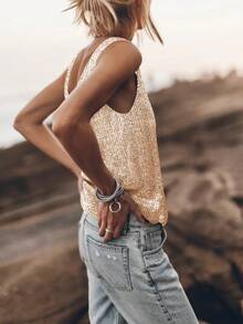 夏季欧美风女式加大码宽松休闲背心，圆领无袖亮片装饰性感上衣 - 金色 - 查看 4
