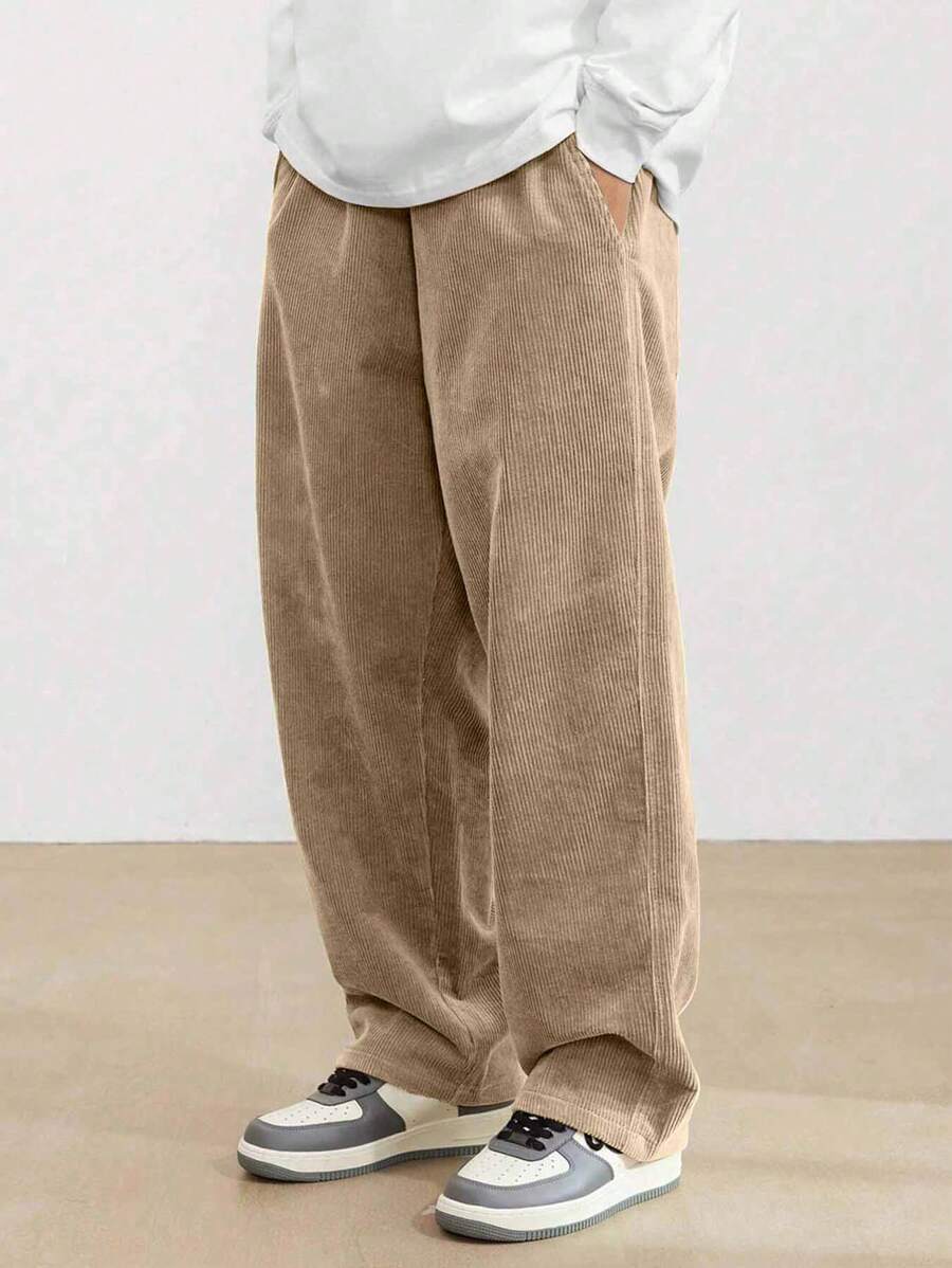American Style Corduroy Straight Leg Pants, Men's Loose Versatile Casual Trousers - Màu Khaki - Xem 1