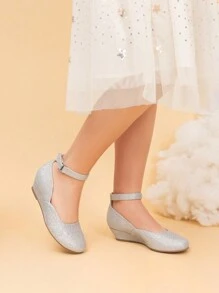 Girls Wedding Shoes | Dress Flats With Low Wedge Heel & Flower Ankle Strap For Toddler To Big Kid - Silver - View 1