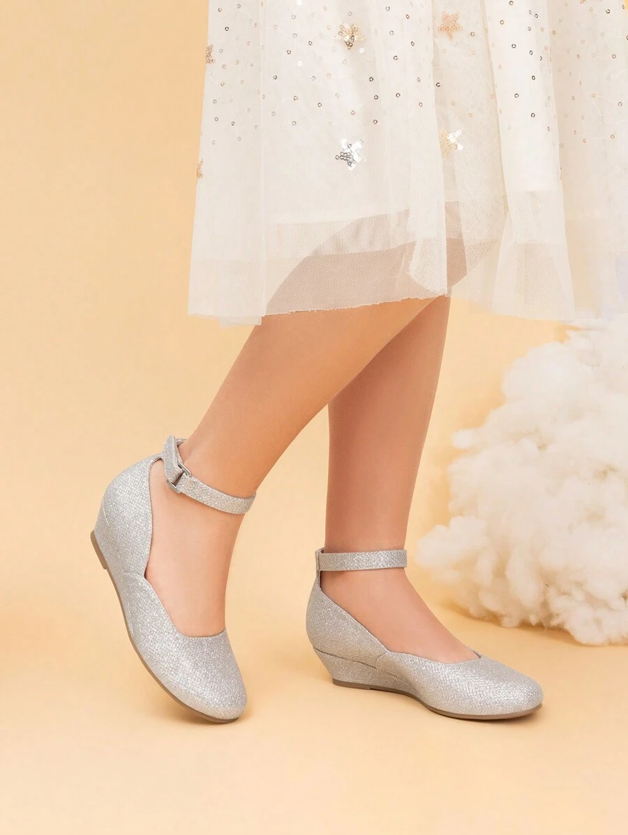 Girls Wedding Shoes | Dress Flats With Low Wedge Heel & Flower Ankle Strap For Toddler To Big Kid - Silver - View 1