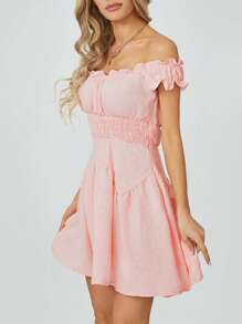 Women Summer Short Dress Solid Color Ruched Bust Boat Neck Off Shoulder Puff Sleeve A-Line One Piece For Ladies - Pink - View 3