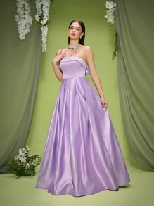 Mgiacy,New Arrival,Tube Top,Bow, Elegant Bridesmaid Dress,Ruched,Romantic,Long Dress - Mauve Purple - View 1