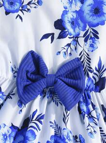 Young Girl Spring/Autumn 2pcs Set, Fashionable Ruffle Trim Jacket Sleeveless Butterfly & Flower Printed Dress, Elegant Outfit - Royal Blue - View 9