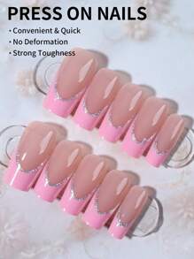24 piezas Pegatinas de uñas francesas rosas largas para realzar tu sentido de la moda. Estilo minimalista y elegante, duradero y reutilizable. El set incluye 1 gel de gelatina y 1 lima de uñas, adecuado para mujeres y niñas para uso diario o fiestas. Suministros de uñas - Multicolor - Ver 3