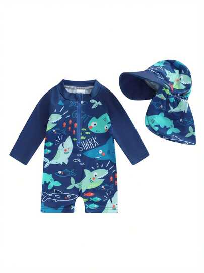 Traje de baño para niño pequeño con gorro, 2 piezas, estampado de tiburón y pez, con cremallera, manga larga, cuello redondo, bañadores para bebé niño