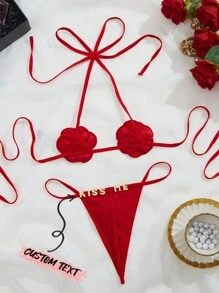 2pcs/Set Customized Letter Lace Thong & Panty Sexy Lingerie Set For Women, Customized Letter Set, Couple Gift With Sequins, Colorful Customization - Red - View 1