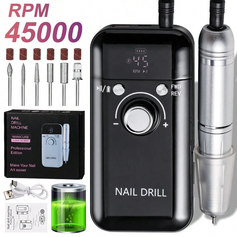LIMEGIRL Mesin Bor Kuku Elektrik Profesional 45000RPM - Portabel, Dapat Diisi Ulang dengan Suara Rendah untuk Manikur & Pedikur - Bertenaga USB, Baterai Lithium, Kuku Tempel Akrilik, Hadiah Hari Valentine