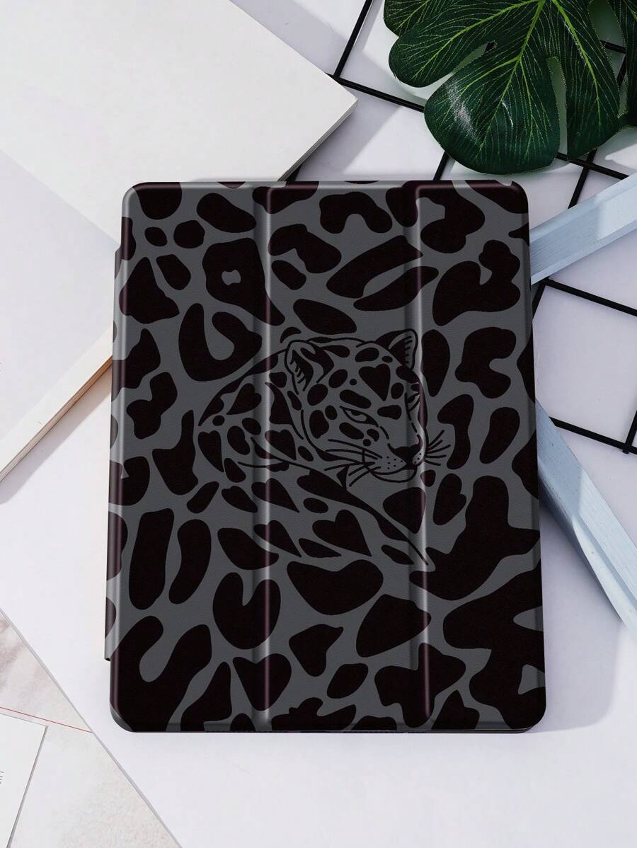 黑色虎豹图案 iPad 7/8/9 代 10.2 英寸 / Galaxy Tab A7 10.4 英寸 / Matepad 10.4 英寸保护壳，带笔架，自动睡眠/唤醒保护套 - 彩色 - 查看 1