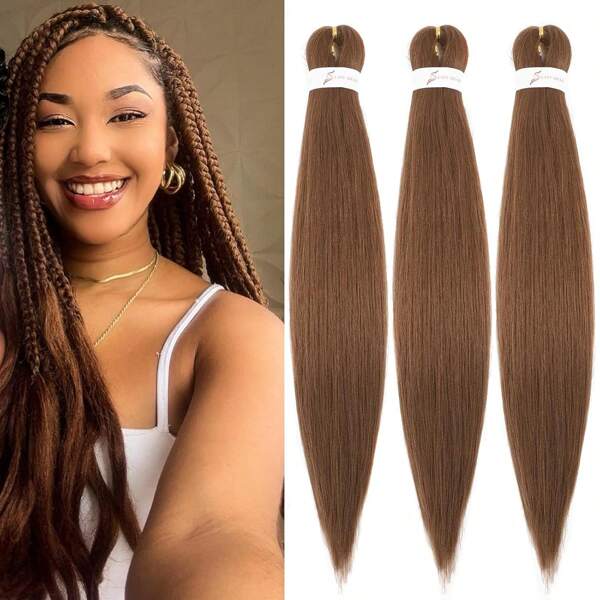 1/3/7 Packs Braiding Hair Pre Stretched 20/26/30 Inch Prestretched Knotless Kanekalon Hair Long Straight Synthetic Box Braids Yaki Texture Hot Water Setting Hair Extensions, 30#