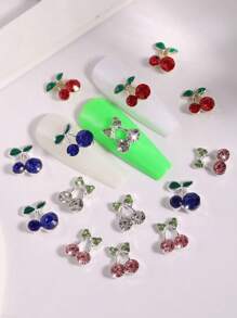 10pcs Green Leaf Cherry Nail Charms Metal Rhinestone Bowknot Nail Supplies Personalized Nail Art 3D Red And Blue Nail Gems Suitable For DIY Nail Salon And Personal Use