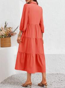 2026 Popular Fall Maxi Shirt Dress V Neck Vestidos Elegantes De Mujer Button Down 3/4 Sleeve Tiered Collared Flowy Design - Orange Red - View 2