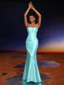 Anymoon 3D Hand Floral Ruffle Trim Mermaid Bridesmaid Dress - Mint Green - View 3