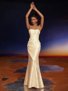 Anymoon 3D Hand Floral Ruffle Trim Mermaid Bridesmaid Dress - Yellow - View 3