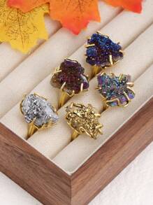 1pc CSJA Druzy Crystal Stone Ring For Women Girl Luxury Gold Color Asymmetric Natural Stone Rainbow Drusy Finger Ring Jewelry Valentine Gift H558