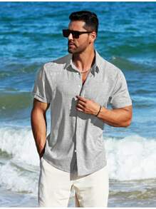 Men's Plain Casual Short Sleeve Open Front Shirt - Grey - View 4