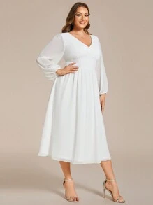 EVERPRETTY Plus Size Chiffon High Waist Long Sleeves Bachelorette Party Dress Formal Midi Dress Bridal Shower Dress Wedding Dress For Bride Engagement Dresses - White - View 4