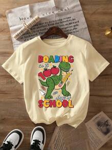 100 DAYS Of Shool Cartoon Letter Graphic Print T Shirt, Short Sleeve Crew Neck Casual Top For Summer & Spring, Women's T-Shirt