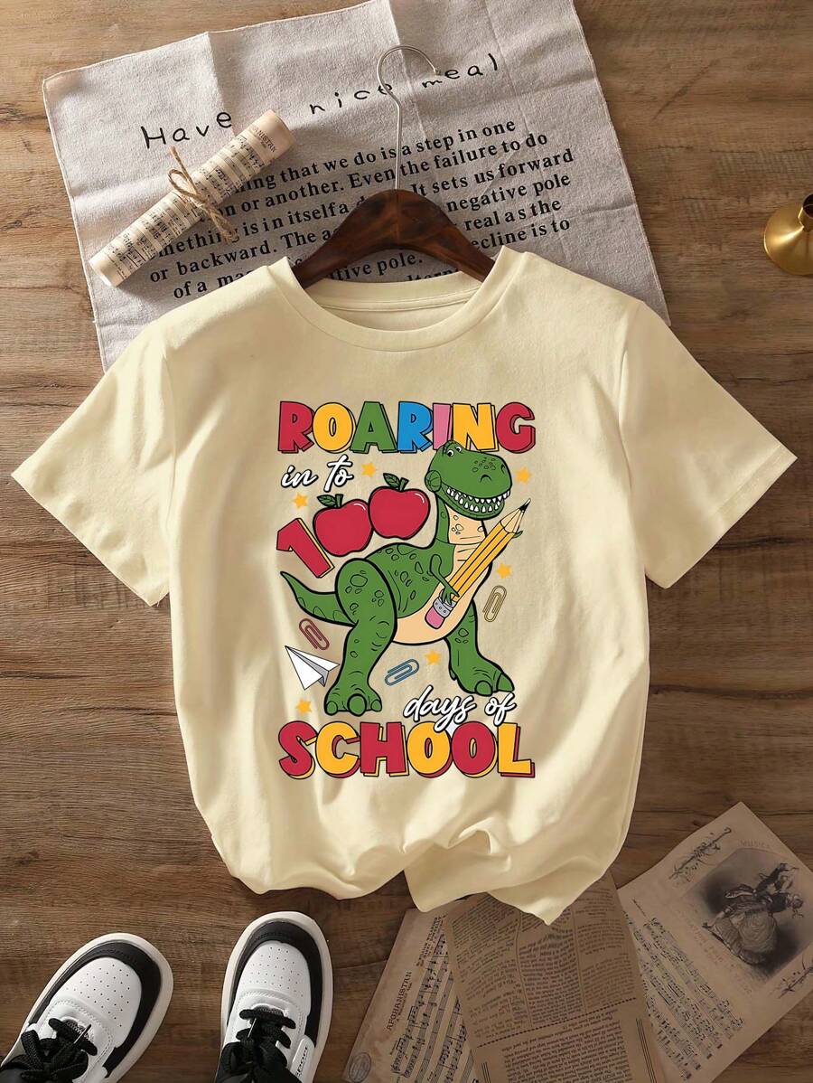 100 DAYS Of Shool Cartoon Letter Graphic Print T Shirt, Short Sleeve Crew Neck Casual Top For Summer & Spring, Women's T-Shirt