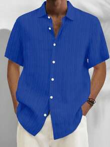 Casual Oversized Loose Lightweight Breathable Men's Button-Down Short Sleeve Shirt - Blue - View 1