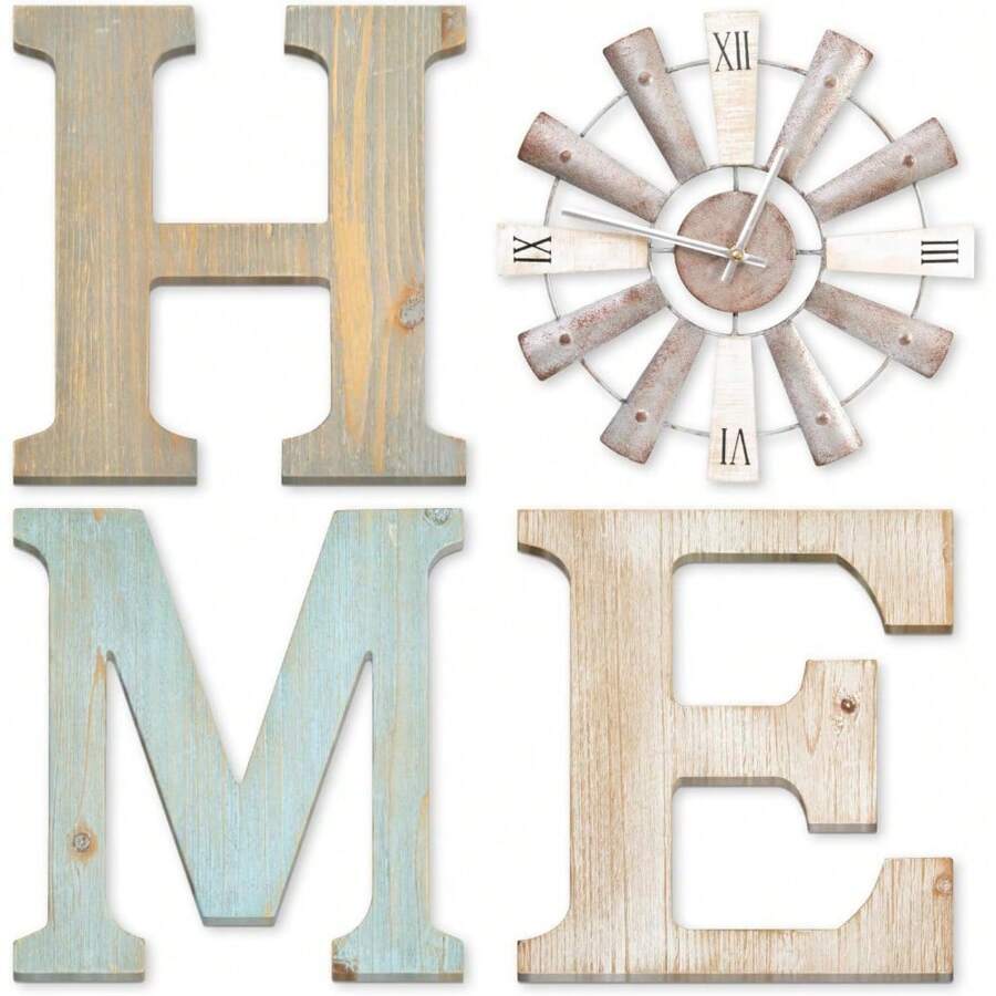 Local Shipping  Farmhouse Home Signs With Windmill Clock Wall Decor Rustic Home Letters Wall Art For Living Room Kitchen Entryway Dining Room Bedroom (Mix Color)