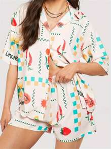 Women Pajamas Set 2 Pieces Loungewear Suits Fruits/Leaves Print Short Sleeve Tops And Shorts 2 Piece Loungewear Outfits