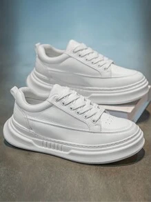 Heren zachte zool, zacht oppervlak, lichtgewicht en comfortabele casual sneakers, lente nieuwe mode, dikke zool antislip slijtvaste lage veterschoenen voor dagelijks woon-werkverkeer, eenvoudige stijl, comfortabele herenschoenen, jeugdcampusstijl, zwart-wit PU waterdichte oliebestendige heren schoenen met naadstiksels